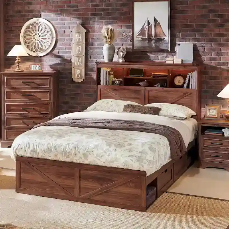 Brown / Warm Brown / White / Black Full Size Bed Frame with Storage Headboard & Drawers
