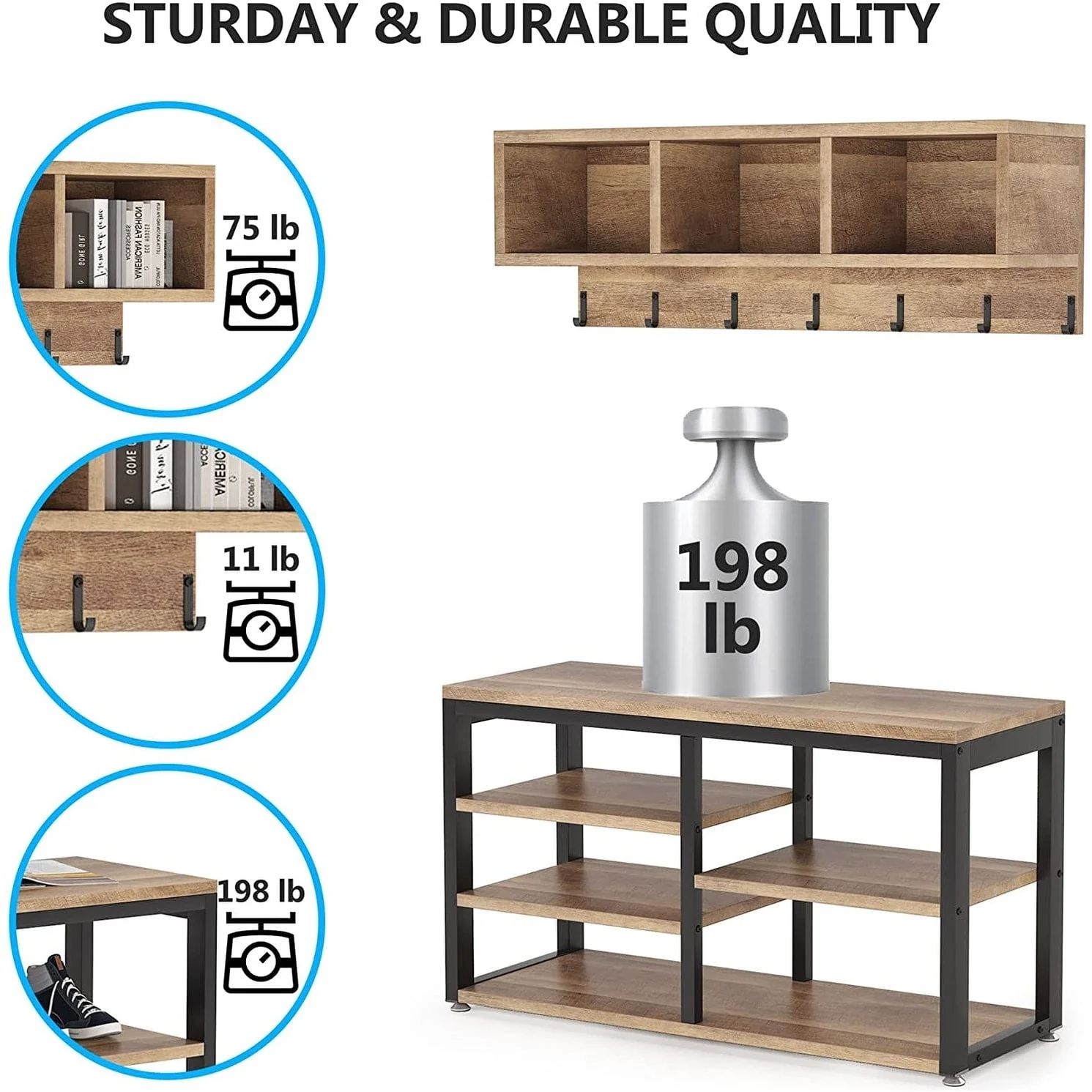 Entryway Coat Rack Shoe Bench Set, Industrial Hall Tree Coat Shoe Rack