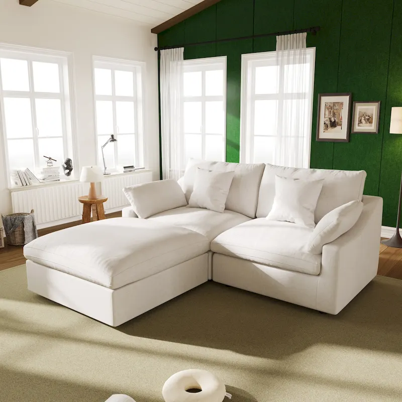 82.68   Down Filled Sectional Couch L-shape Linen Upholstered Loveseat with Ottoman