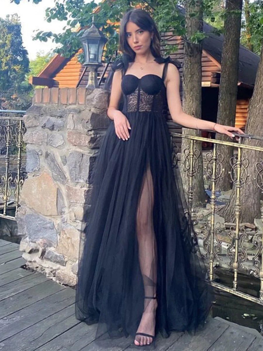 A-line Black Lace Corset Tulle Long Prom Dress