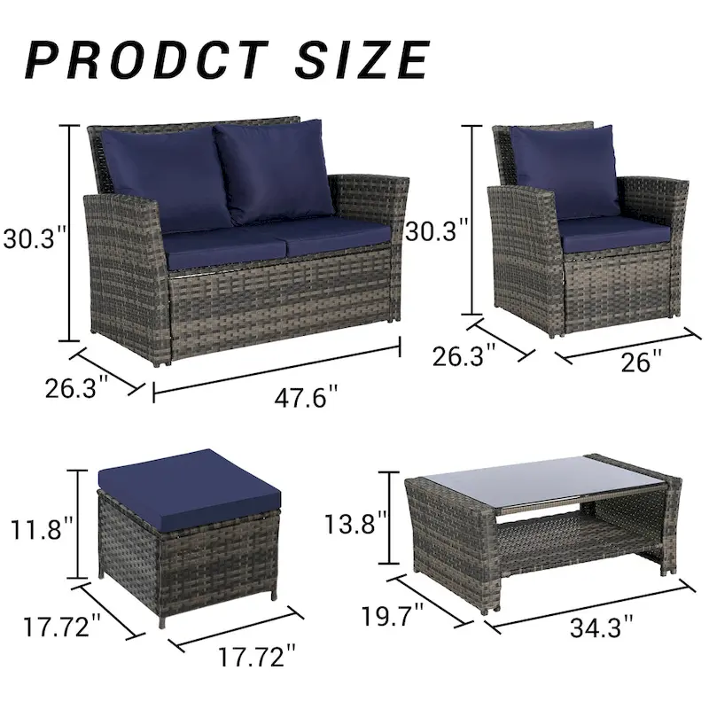 6 Piece Wicker Patio Furniture Sets with Tempered Glass Coffee Table & Ottoman