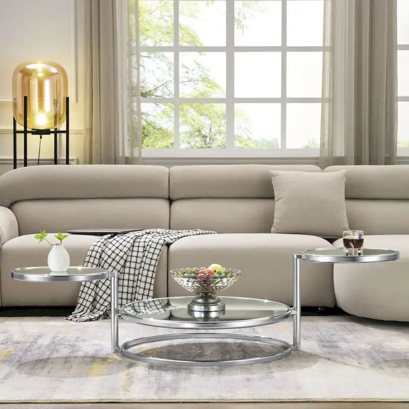 Round Tempered Glass Coffee Table with 3 Tiers 360 Degrees Rotating Top
