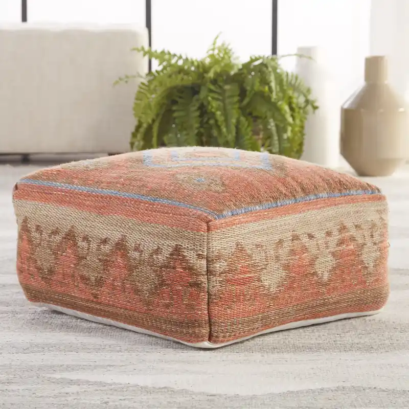 Orange/Blue Kilim-Style Cube Pouf, 20