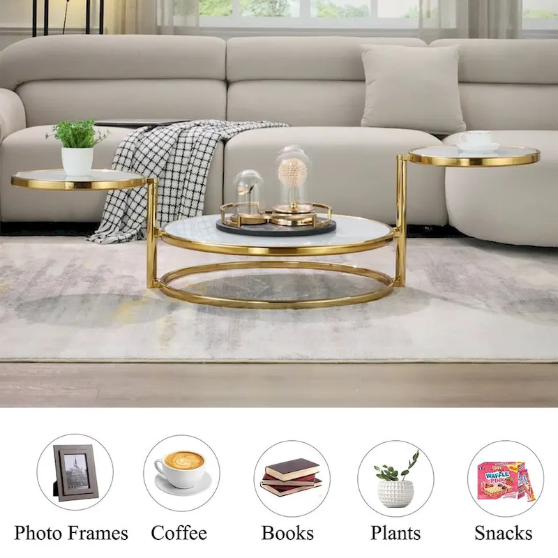 Round Tempered Glass Coffee Table with 3 Tiers 360 Degrees Rotating Top