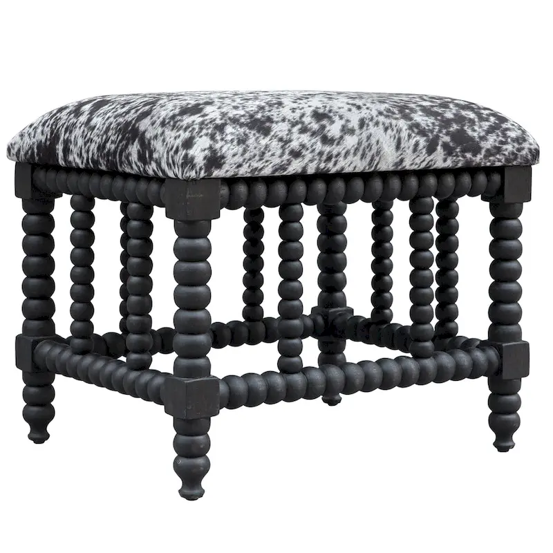 Matte Black Faux Cowhide Upholstered Bench, Single Seat