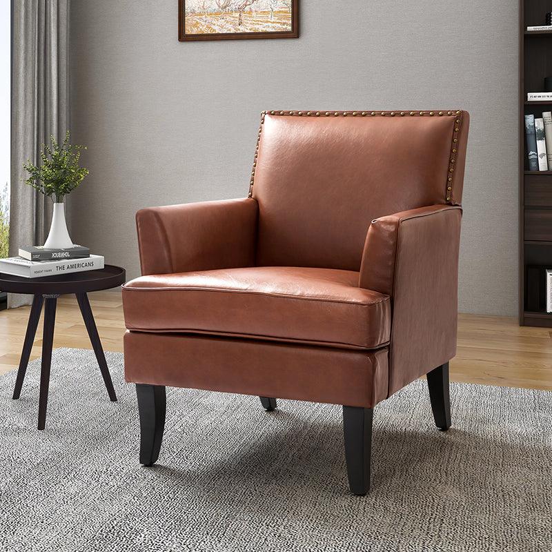 PU Leather Armchair with Nailhead Trim Backrest, Foam Fill & Black Solid Wood Legs | Brown / Navy / Sage / Grey | Single Seat