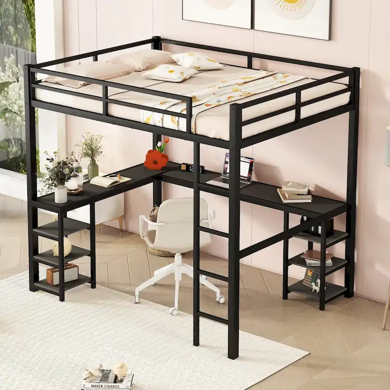 Full Metal Loft Bed with Desk & Storage Shelf | Space-Saving Bedroom Furniture
