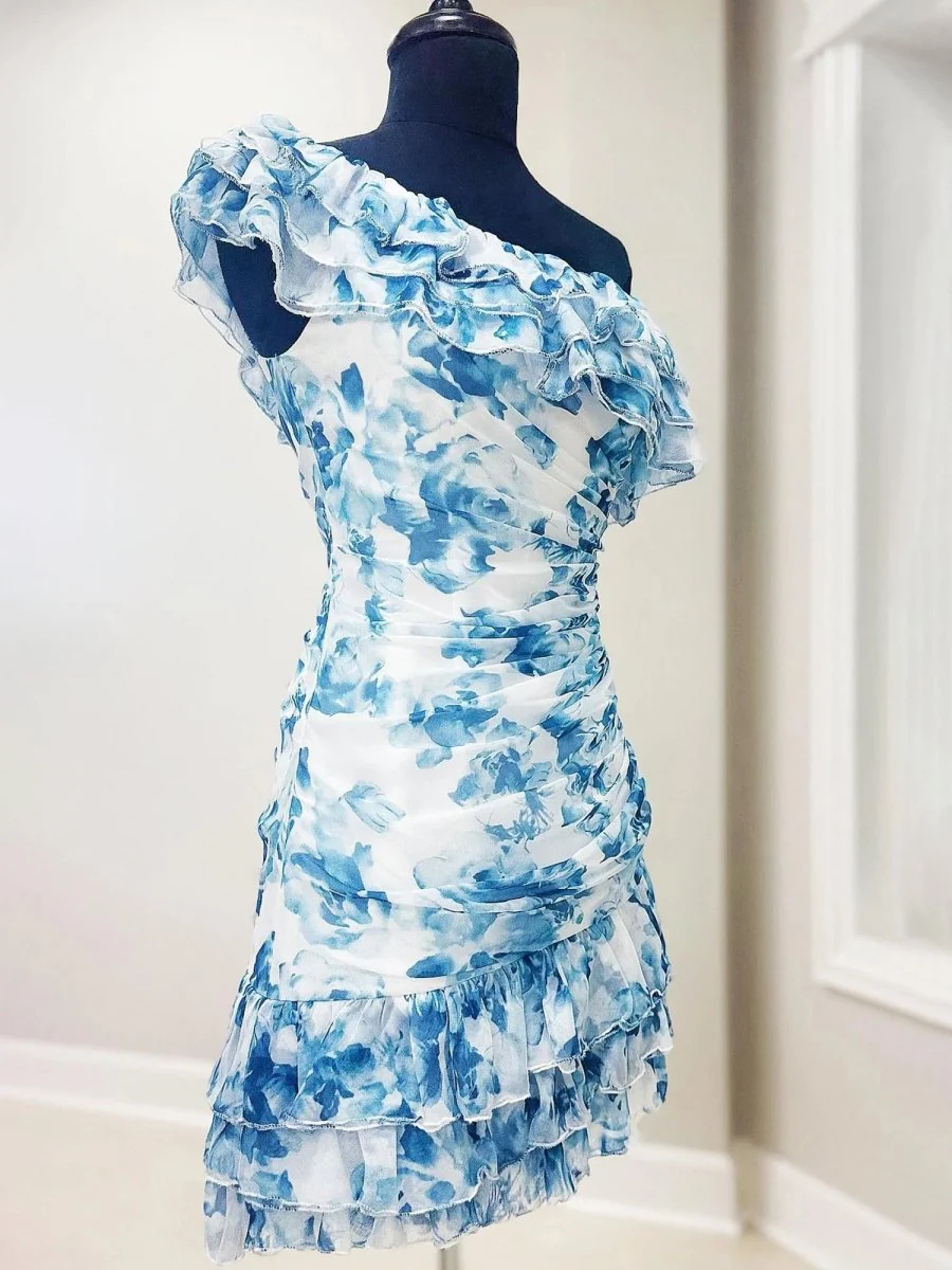 Blue - A-Line One Shoulder Floral Chiffon Short Homecoming Dresses