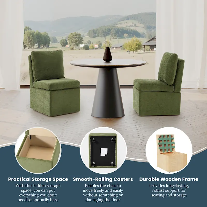 Chenille Upholstered Dining Chair with Under Seat Storage and Caster Wheels