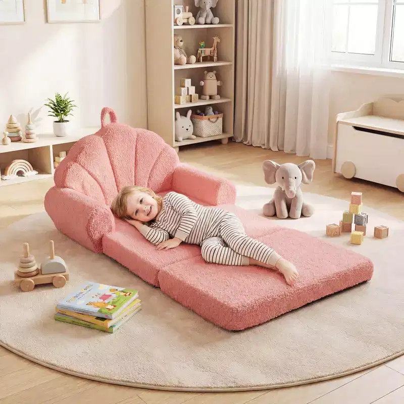 Costway Fold-out Kids Sofa 2-in-1 Convertible Toddler Couch & Lounger with Non-slip Base Beige/Green/Pink