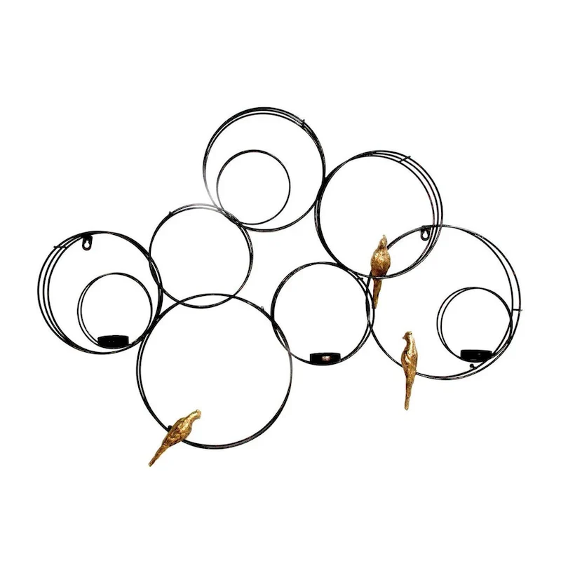 HomeRoots 32  Black And Gold Metal Circles And Birds Hanging Sculpture With Votive Holders