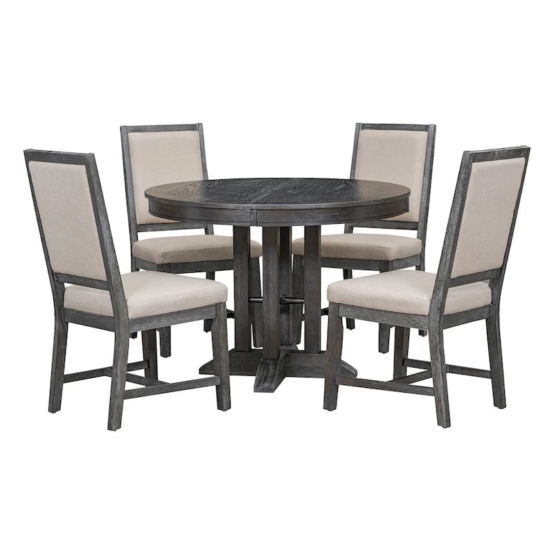 5-Piece Dining Set Extendable Round Table and 4 Upholstered Chairs Farmhouse Dining Set