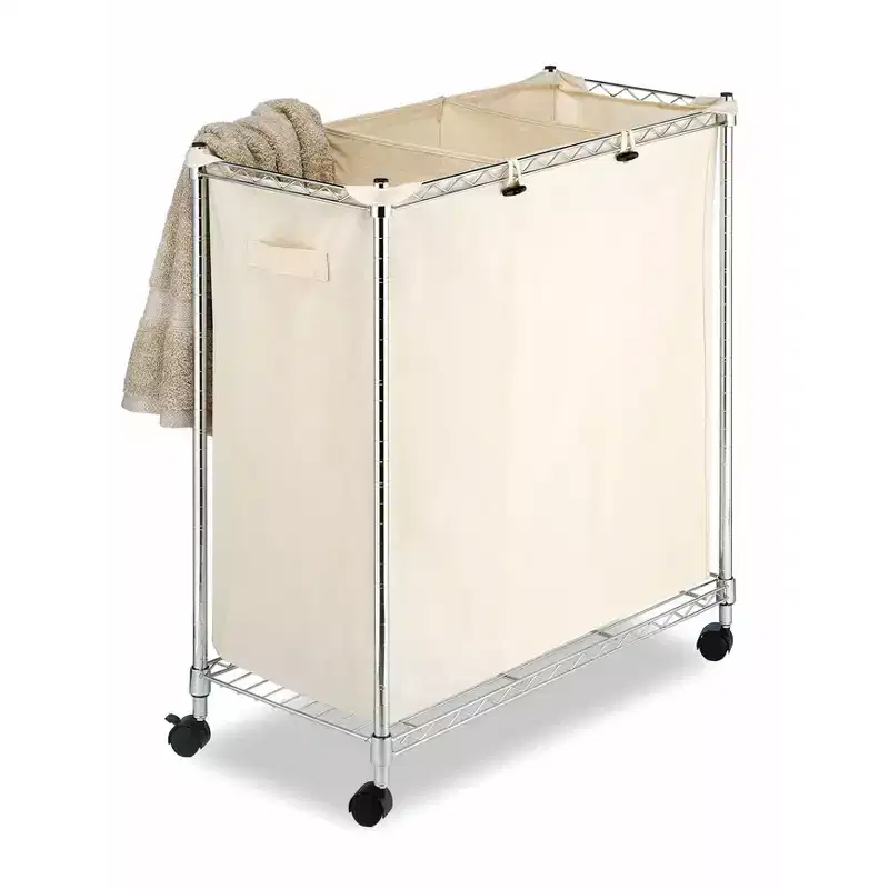 Cream Triple Laundry Sorter with Wheels, 3-Compartment