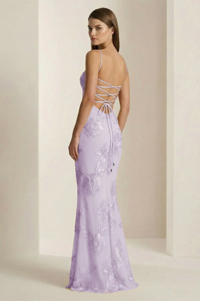 Yellow Spaghetti Straps Sheath Long Prom Dresses With Floral Embroidery