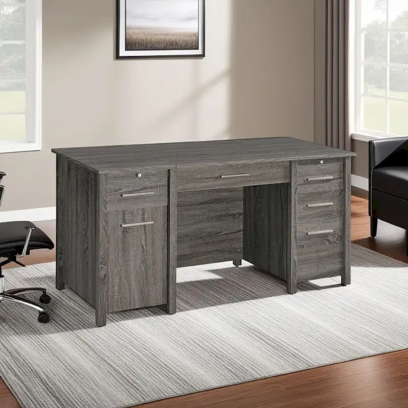 60 Inch Lift Top Office Desk with 4 Drawers and 2 Pull-Out Trays, Weathered Gray