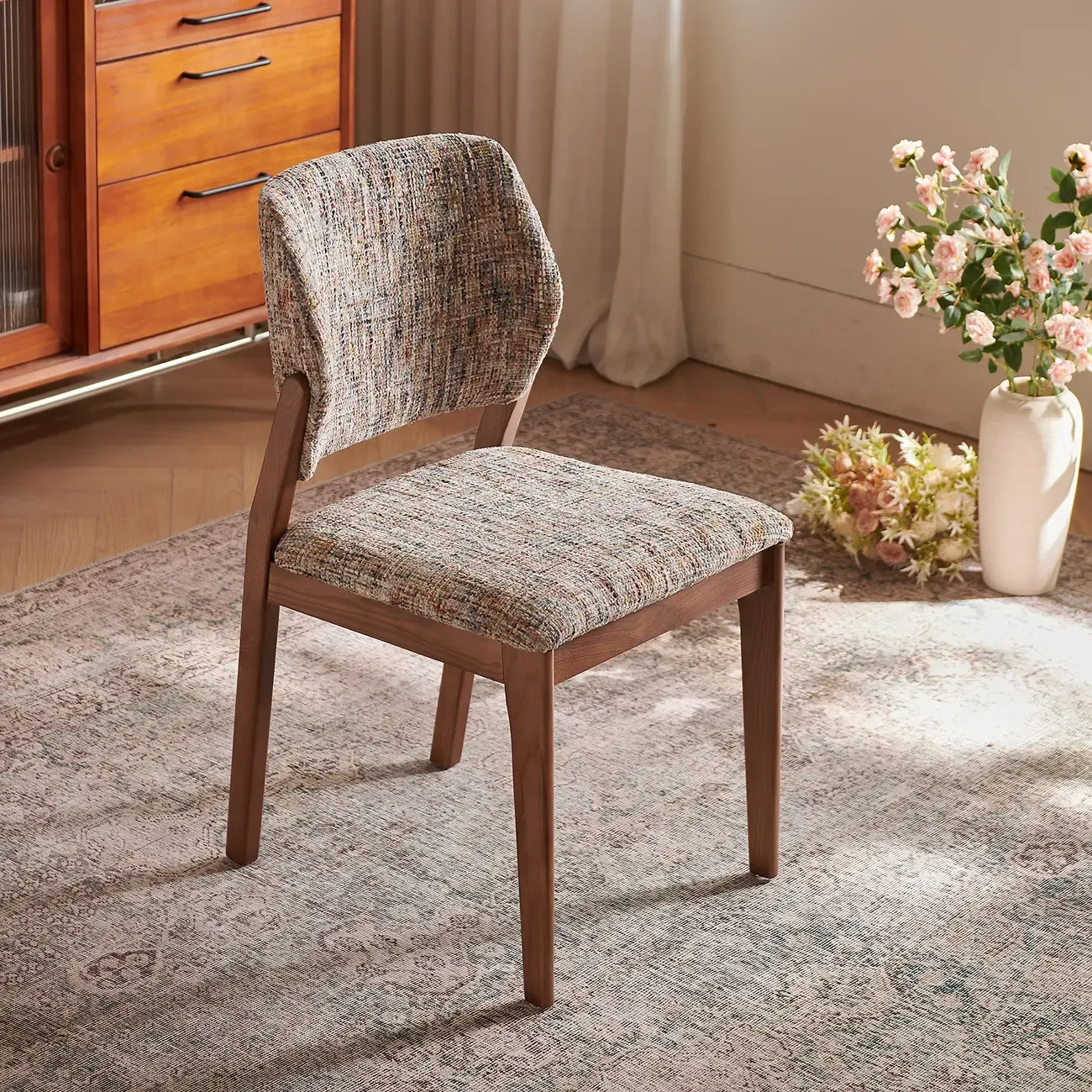 Mid Century Modern Wood Chenille Dining Chair Upholstery