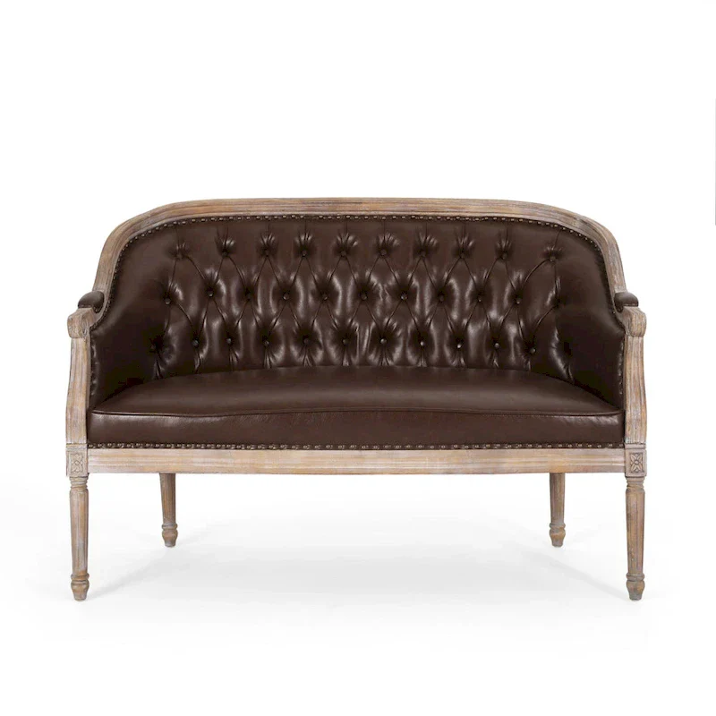 Button-Tufted Upholstered Loveseat with Scrolled Arms and Nailhead Trim