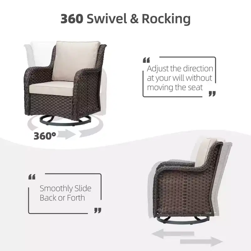 3 Pieces Outdoor Wicker Swivel Rocker Patio Set, 360-Degree Swivel Rocking Chair Elegant Wicker Patio Bistro Set with Tempered Glass Top Side Table