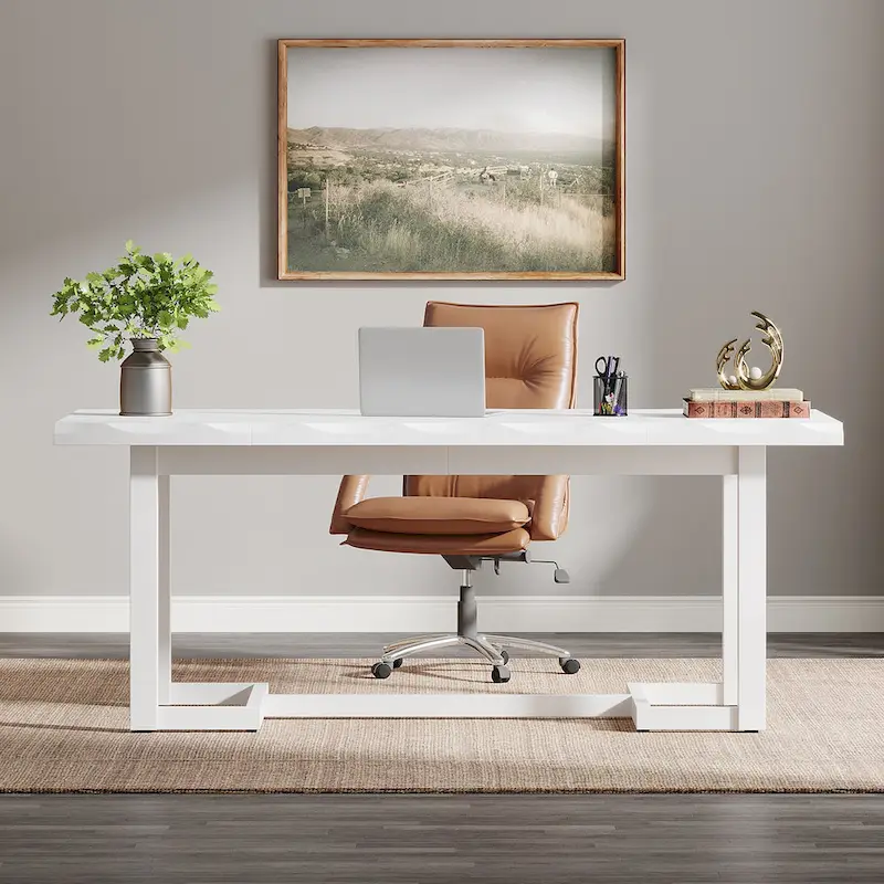 Brown Rectangular Desk with Solid Wood Legs - 62.2 inch