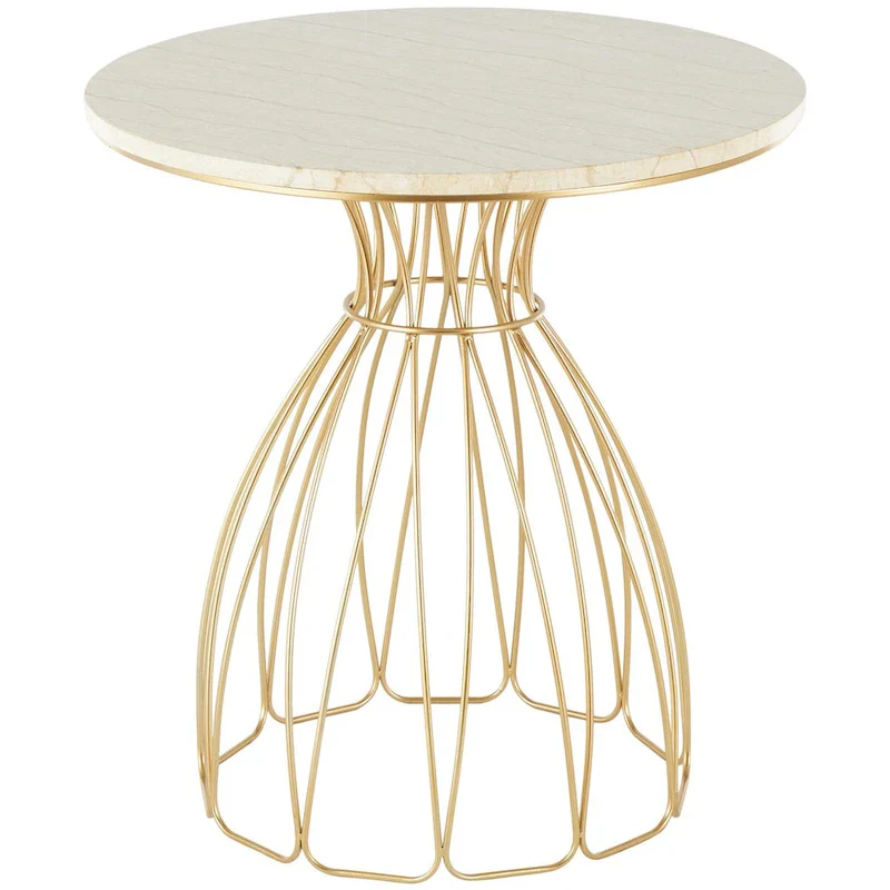Metal Flower Inspired Side End Accent Table with Cream Marble Tabletop - Gold - Roche River Decor