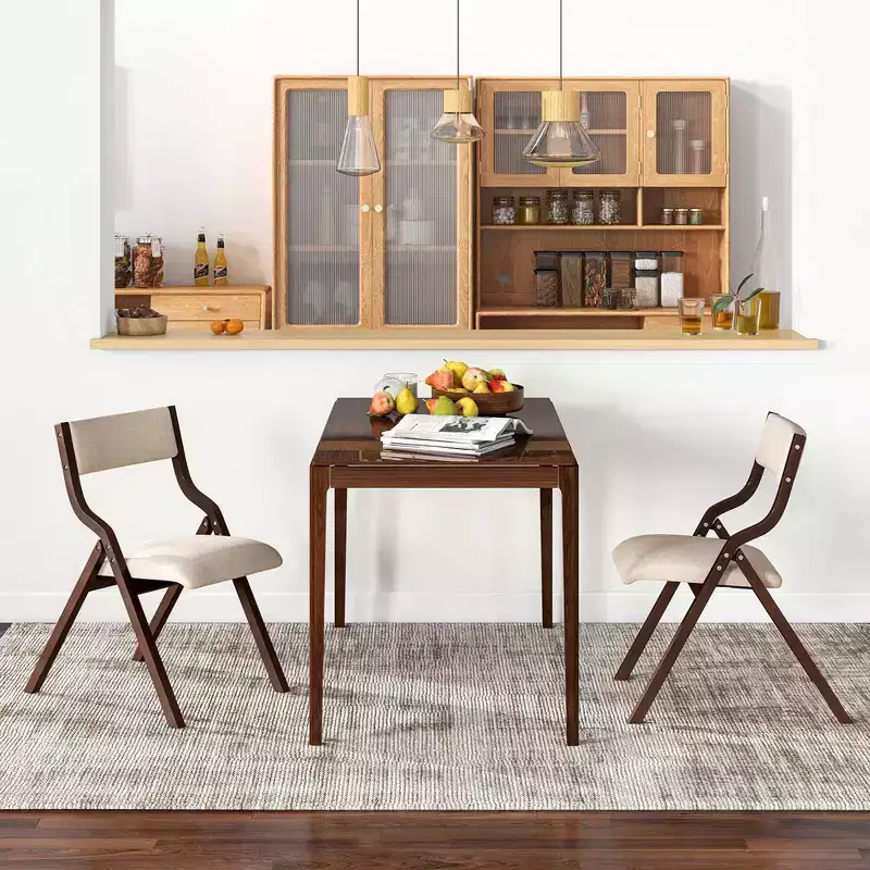 Costway Folding Dining Chair Set of 2 Wooden Upholstered Modern Linen Fabric Padded Seat