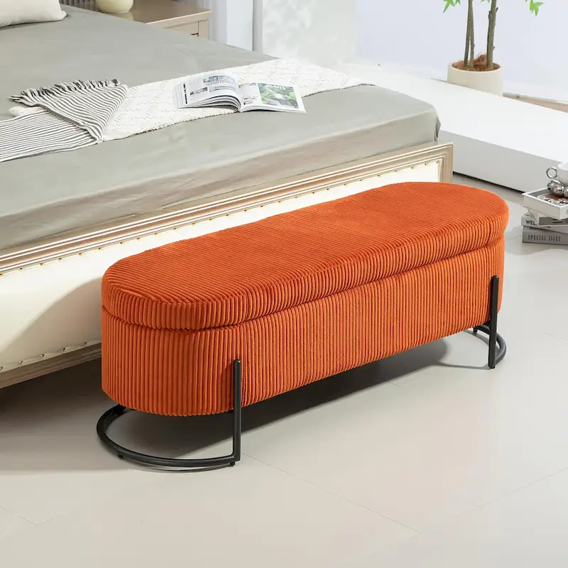 Dark Gray / Orange / Pink / Beige / Emerald / Black Velvet Storage Bench with Safety Hinge & Metal Legs – Single