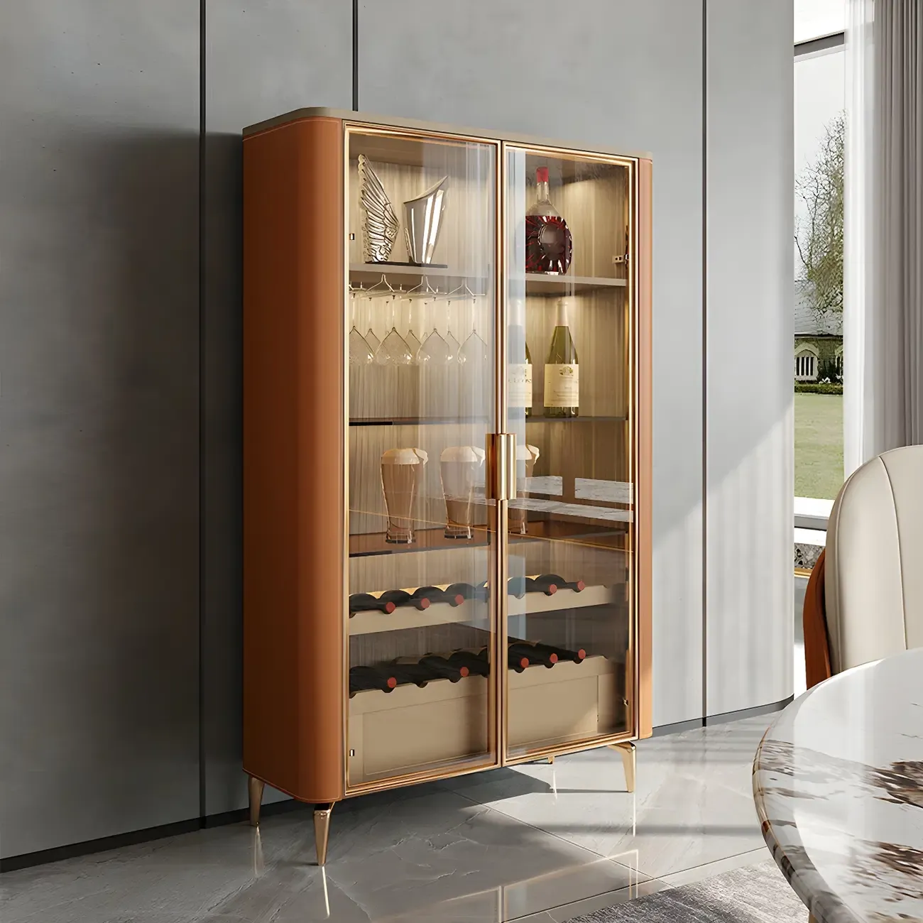 Glam Wooden Orange Glass Door Wine Display Cabinet