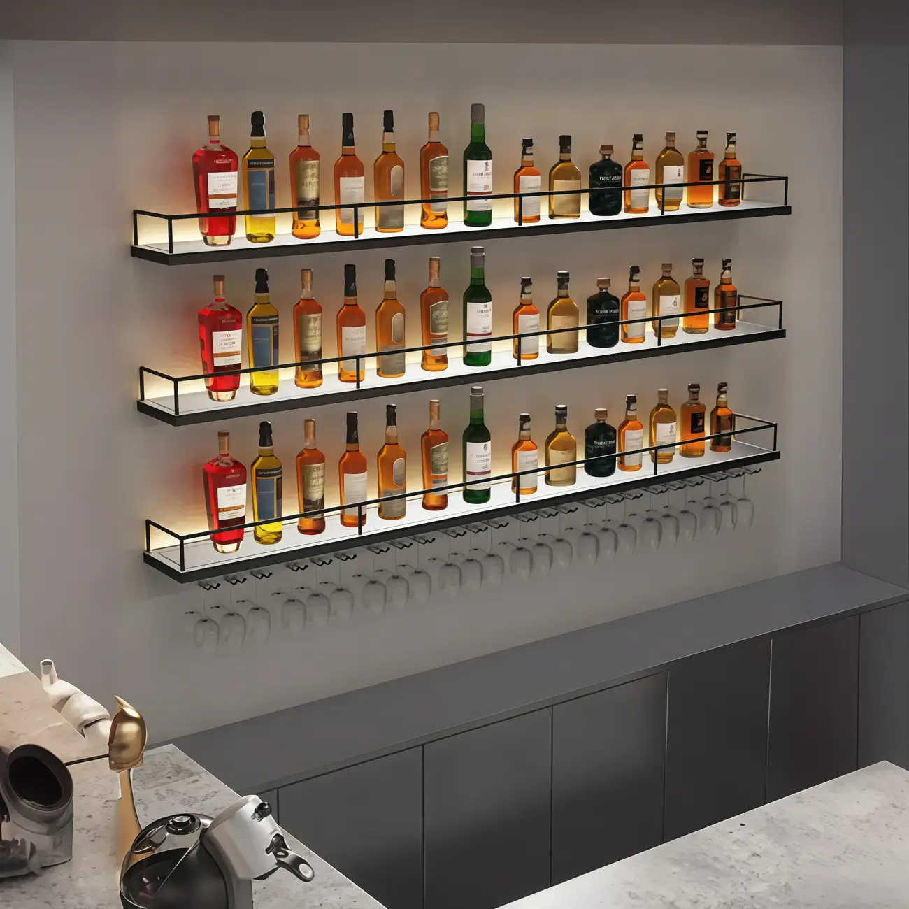 Wall-Mounted LED light Metal Open Wine Rack with Hook and Shelf