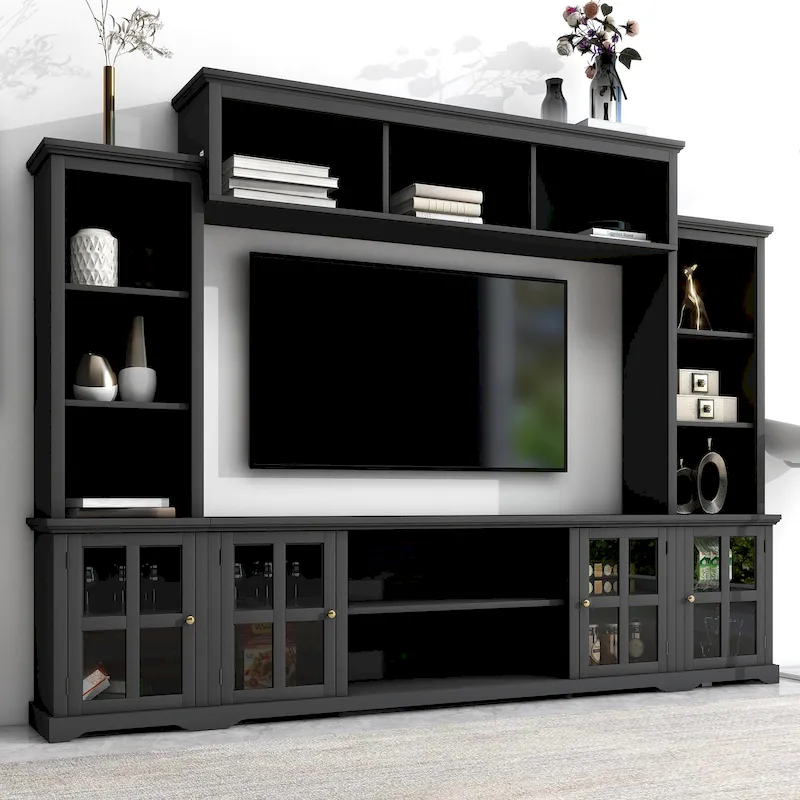 Black Entertainment Wall Unit with Bridge, Glass Doors & 9 Shelves, Fits up to 70 Inch TV, 3-Person Assembly