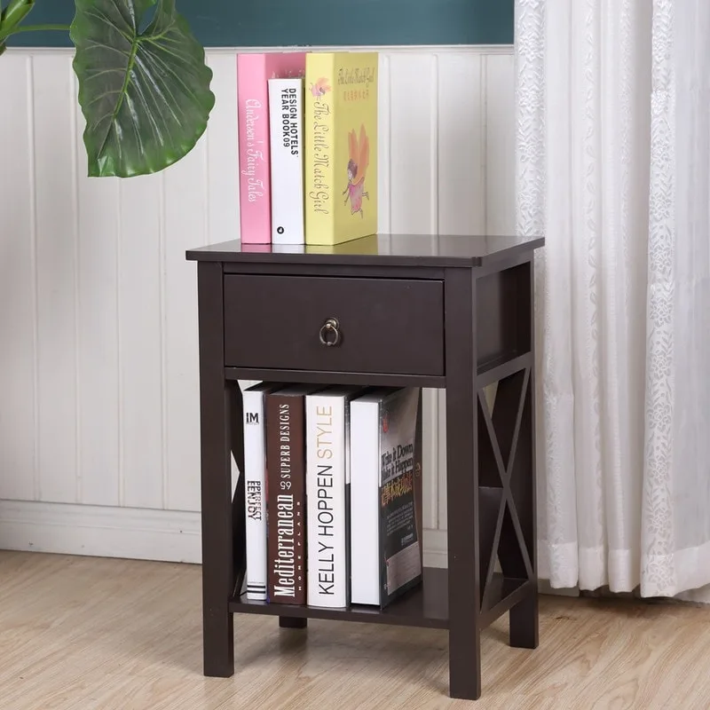 MDF Bedside Table with 2 Drawers – Brown / White / Black, Modern Style, Single