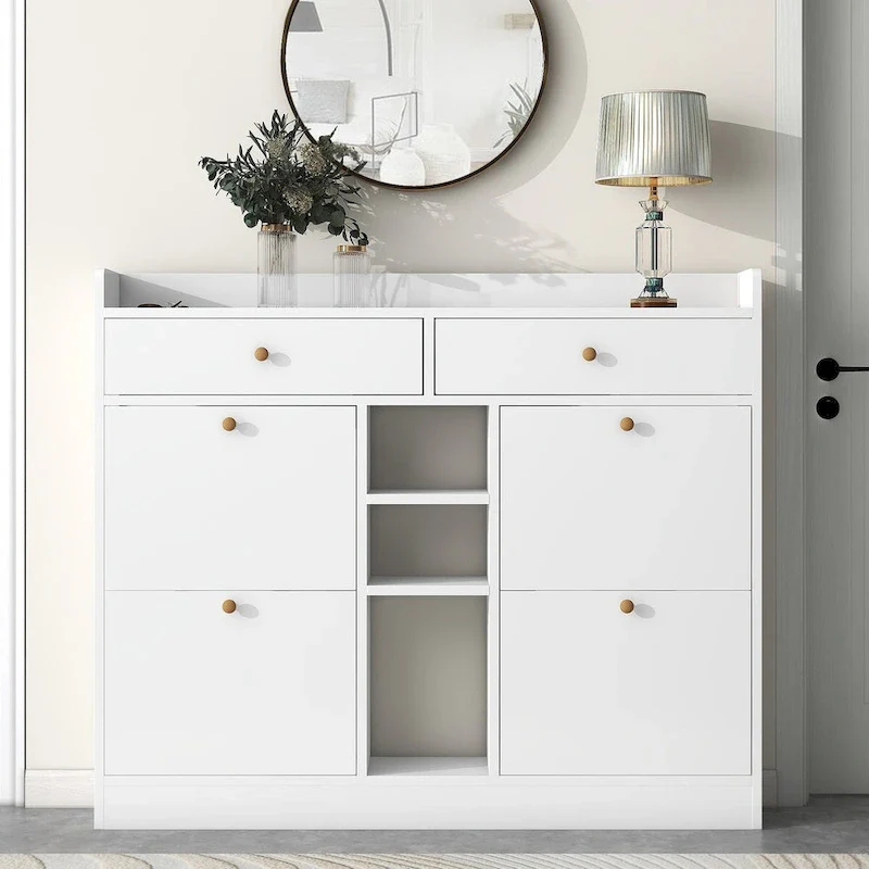 2-Tier Shoe Rack Cabinet with 4 Flip Drawers White Free Standing Storage Organizer 50.7W x 42.5H Modern Minimalist