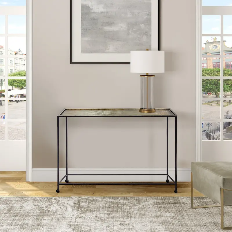 48 Inch Console Sofa Table with Hammered Antique Bronze Tray Top and Black Iron Frame