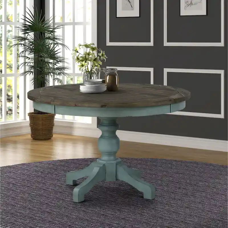 Round 2-tone Blue and Brown Wood Dining Table