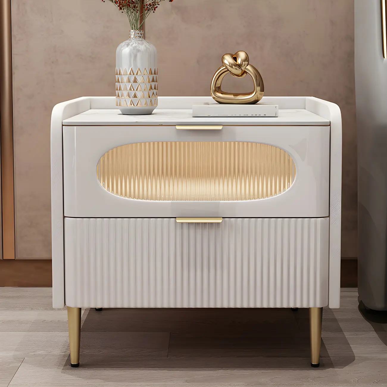 Modish Leather Bedside Table 2 Drawers with Stone Countertop