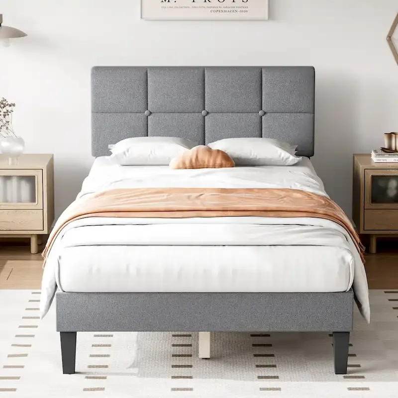 Gray / Dark Grey Linen Upholstered Platform Bed with Adjustable Memory Foam Headboard (Twin / Full / Queen)