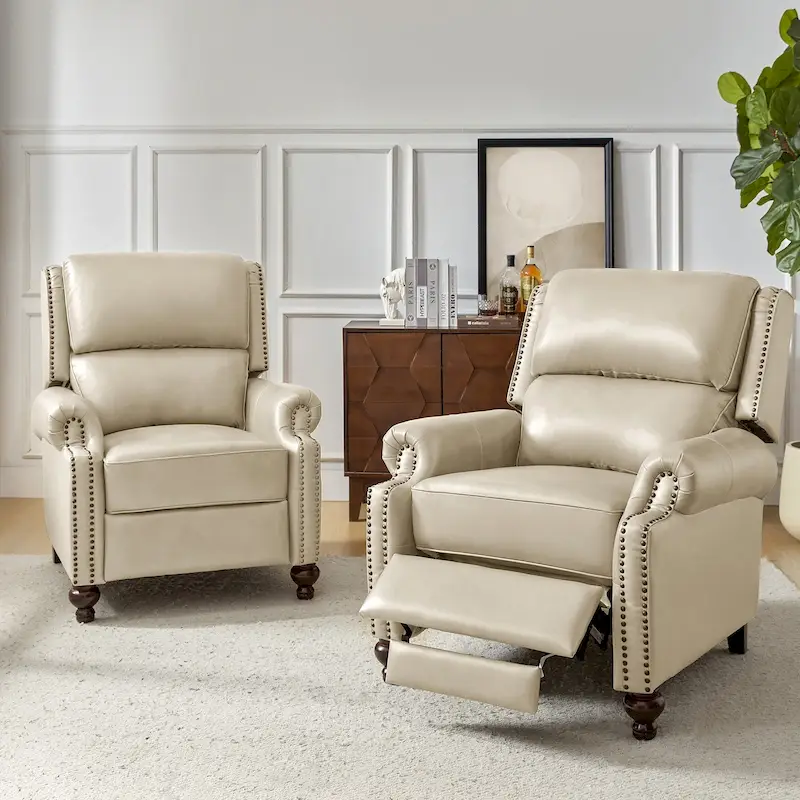 Gabriela Mid-Century Modern Genuine Leather Recliner Nail Head Trim Set of 2 by HULALA HOME