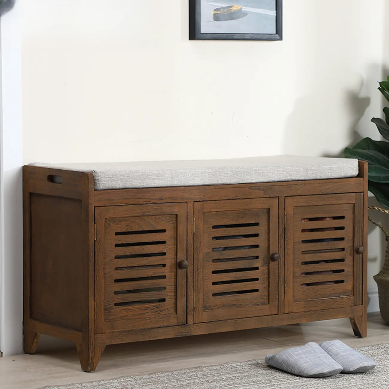 Entryway Wooden Cushioned Shoe Bench with Cabinet