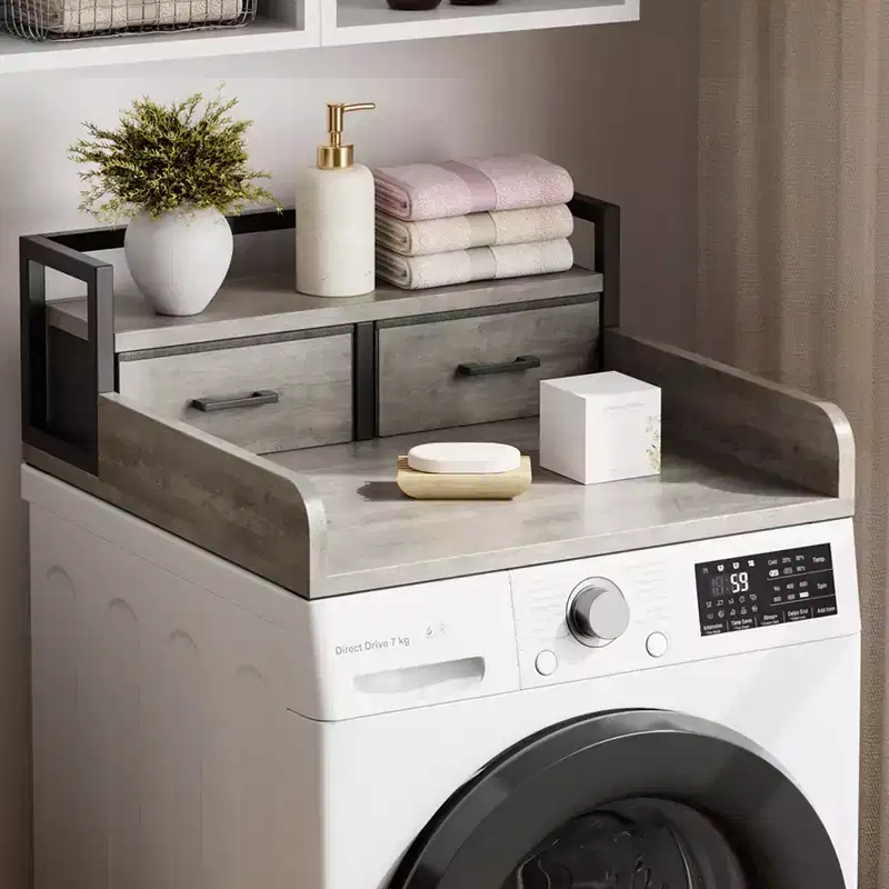 2-Tier Washer Dryer Countertop single with Shelf & Drawer, Laundry Topper w/Edge for Washer Dryer Laundry Hamper Counter Storage Organization