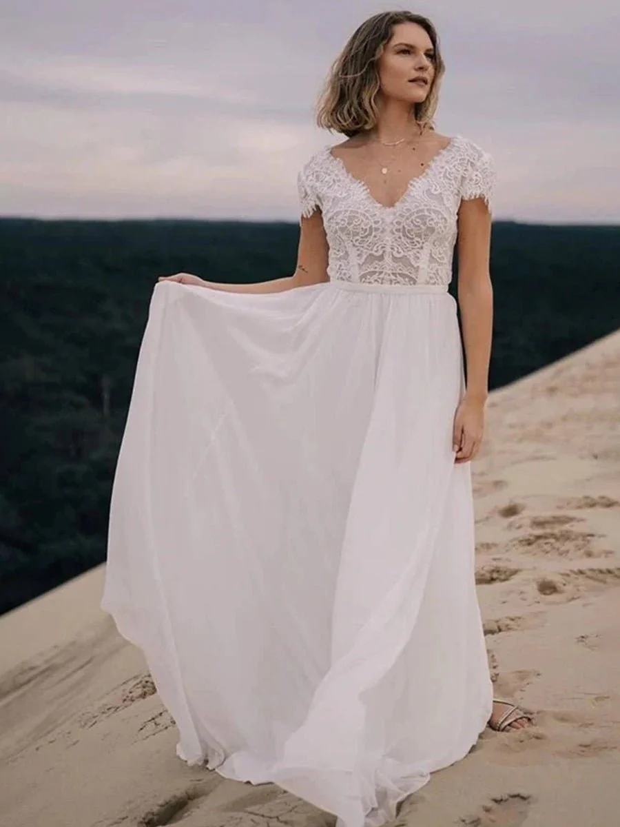 Boho See Through Lace V-Neck A-Line Chiffon Wedding Dress