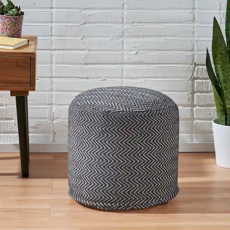 Dark Gray Zigzag Cotton Handwoven Cylinder Pouf Ottoman – 16 in – 1 Person