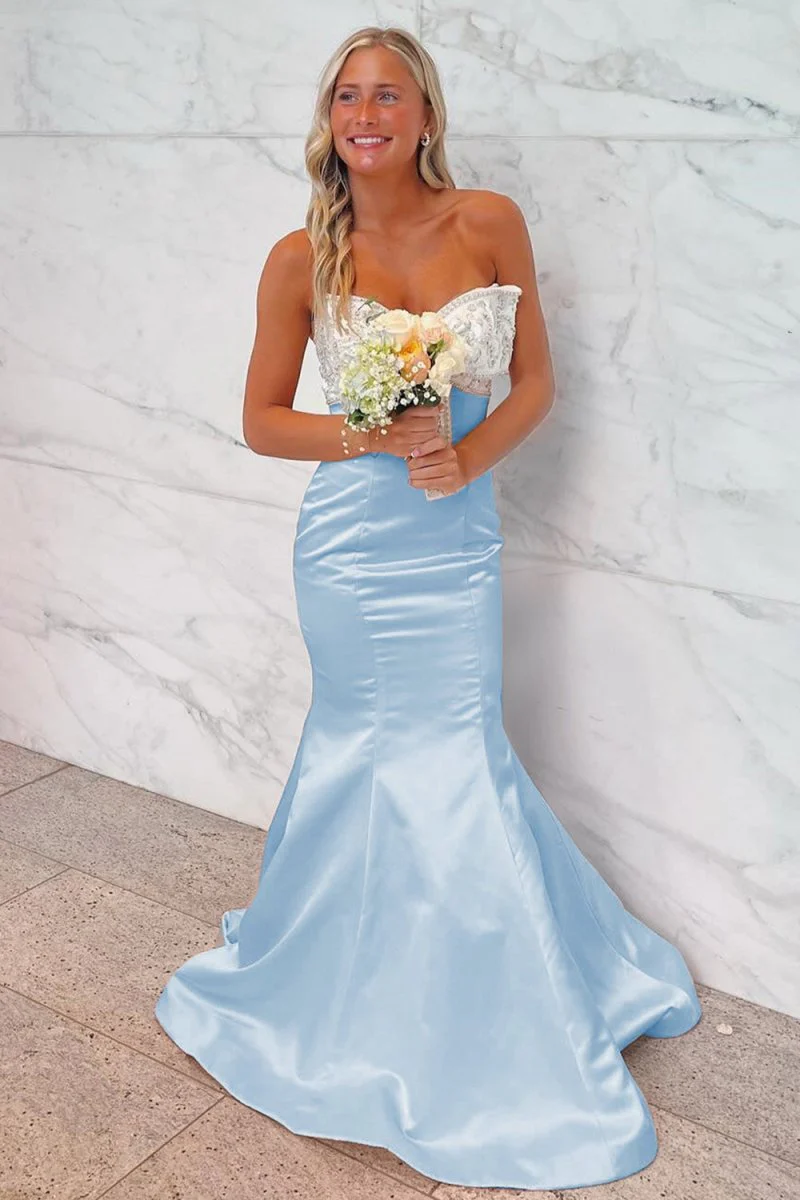 Pink Mermaid Satin Strapless Long Prom Dresses with Beaded Bow