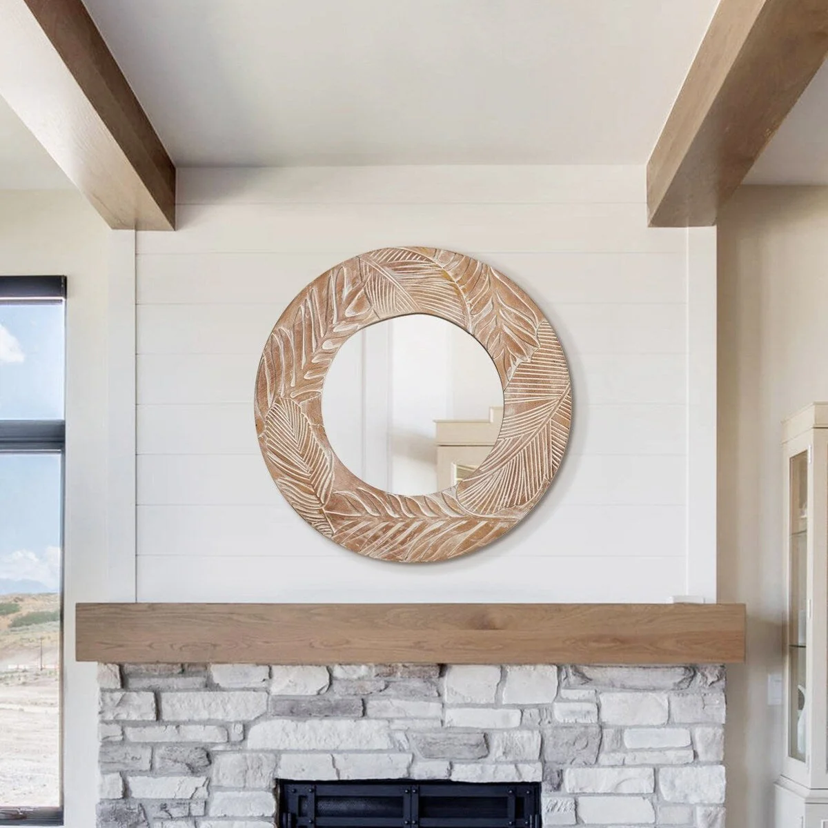 Farmhouse Carved Wood Round Wall Mirror - 28 x 28