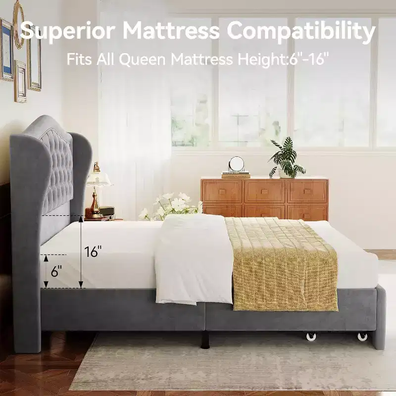 Dyonery Queen Velvet Bed Frame, 52.6 Wingback Tufted Headboard, 2 Drawers, No Box Spring