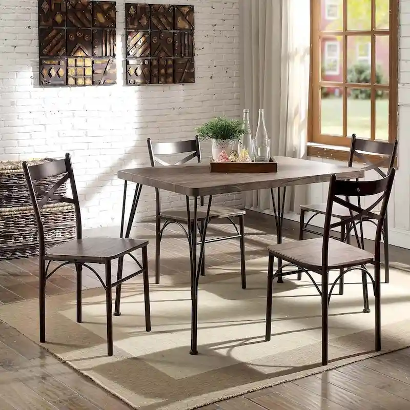 Industrial Metal Dining Table with 4 Chairs - Grey/Brown/Natural