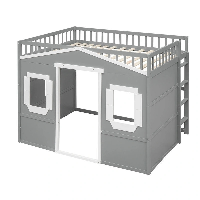 House Loft Bed With Ladder-Gray+White Frame