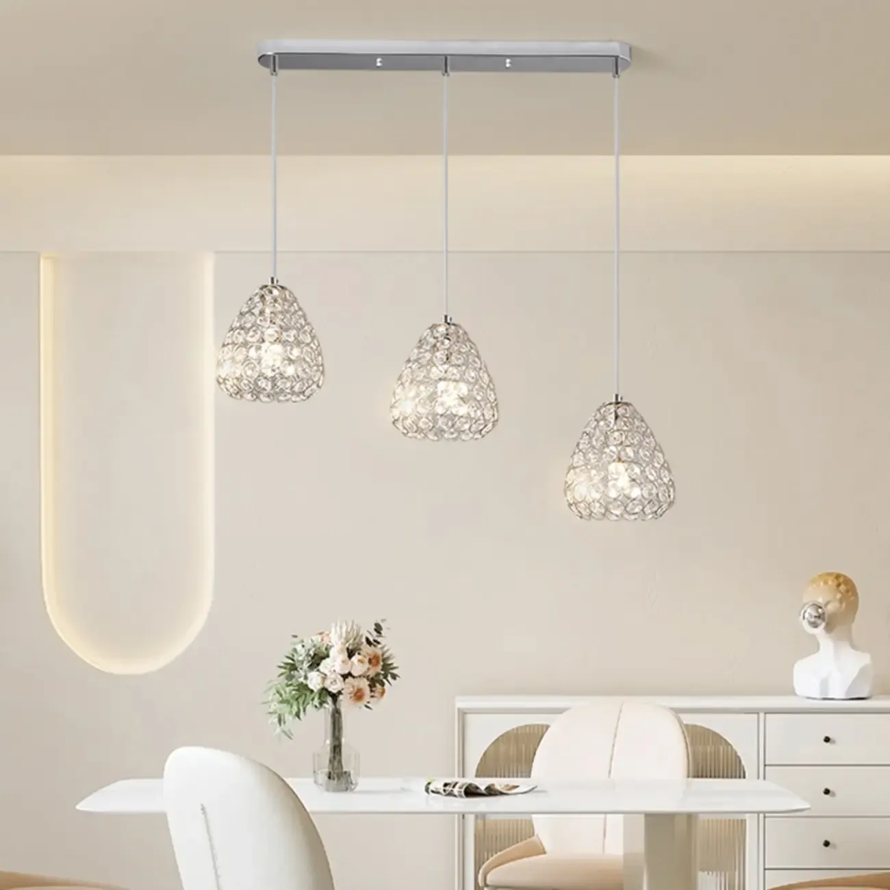 3-Light Modern Chrome Crystal Island Pendant Light for Kitchen