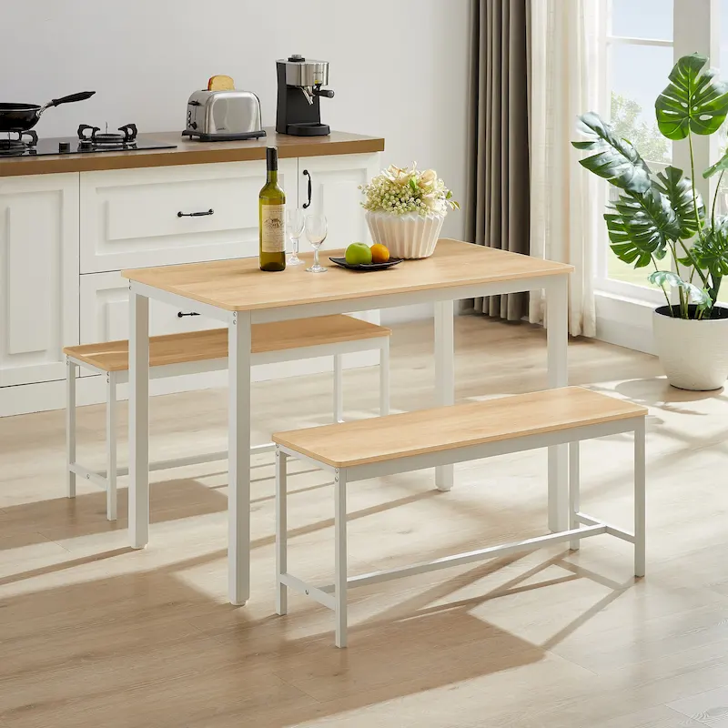 Industrial Rectangle Dining Table Set with 2 Benches Breakfast Nook Dining Table Set Kitchen Dining Table Set Metal Legs