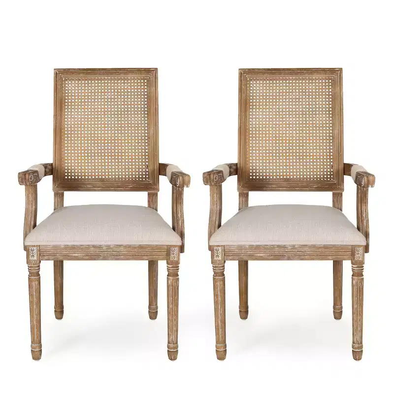 GDFStudio Zentner French Country Wood and Cane Upholstered Dining Chairs (Set of 2)