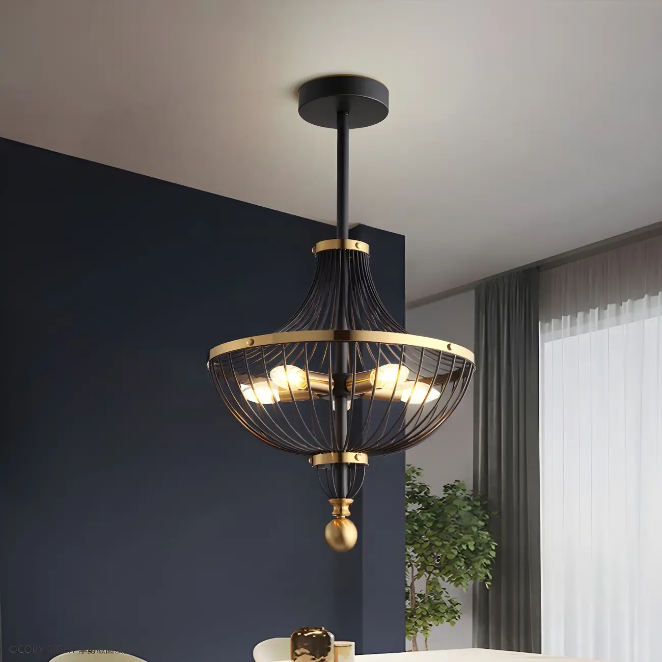 Industrial Gold Black Metal Cage Chandelier