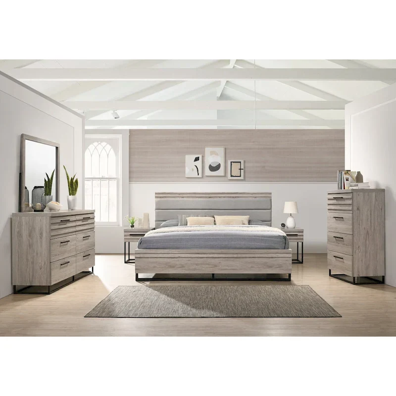 Alvear Upholstered Wood Panel Bed, Dresser, Mirror, 2 Nightstands, and Chest, Weathered Gray